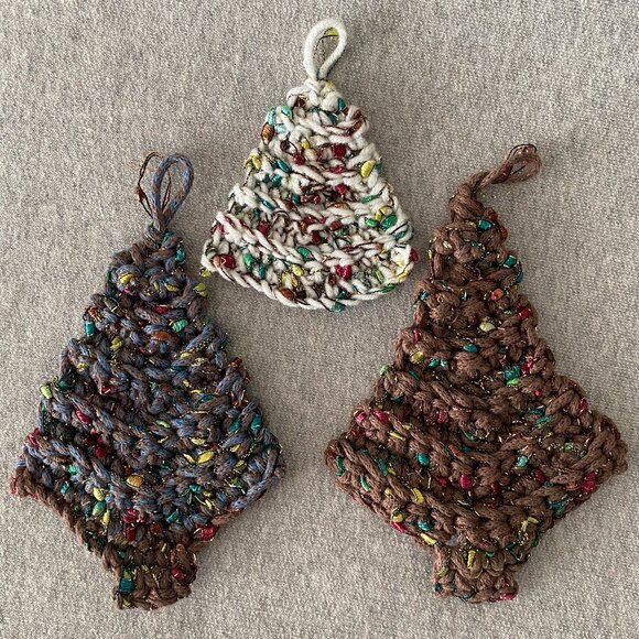 Handmade Crochet Brown Blue Holiday Christmas Tree Hanging Decorations Set of 3 - Picture 2 of 5